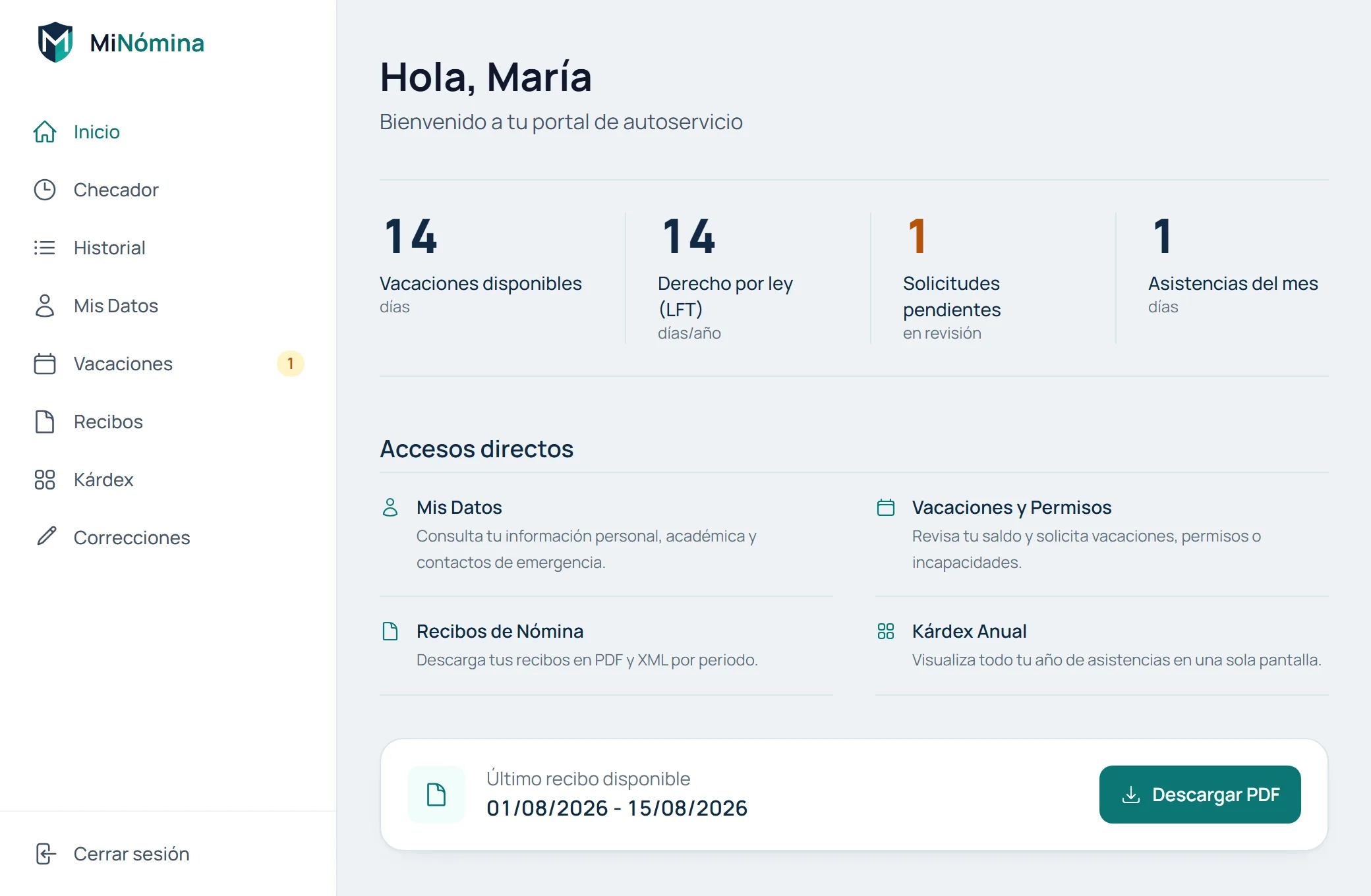 Portal del empleado de MiNómina: saldo de vacaciones, solicitudes pendientes, accesos directos y descarga del último recibo.